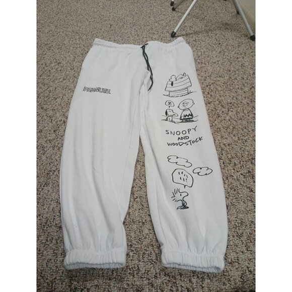 Pants - Peanuts Snoopy Ladies White Doodle Joggers Cartoon Embroidered Sweat Pants Xl